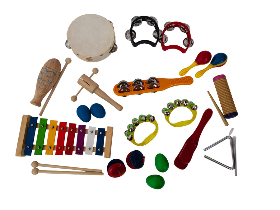 15 piece Percussion Set Kids Educational Drum Bells Maracas Tambourine Guiros More