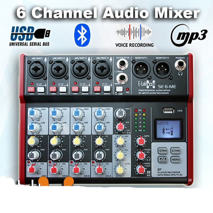 SE-6MM Live Audio Mixer 6 Channel Mixer incl. USB Bluetooth Soundcard Phantom Power with Condenser Mic