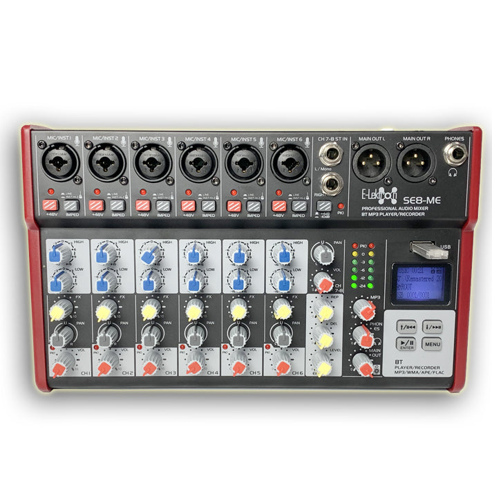 SE-8MM Live Audio Mixer 8 Channel Mixer incl. USB Bluetooth Soundcard Phantom Power with Condenser Mic