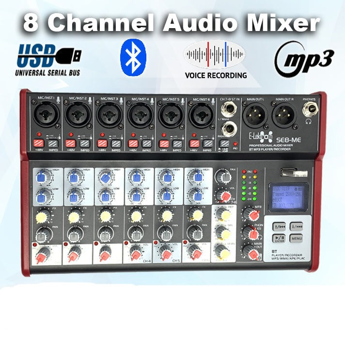 SE-8MM Live Audio Mixer 8 Channel Mixer incl. USB Bluetooth Soundcard Phantom Power with Condenser Mic