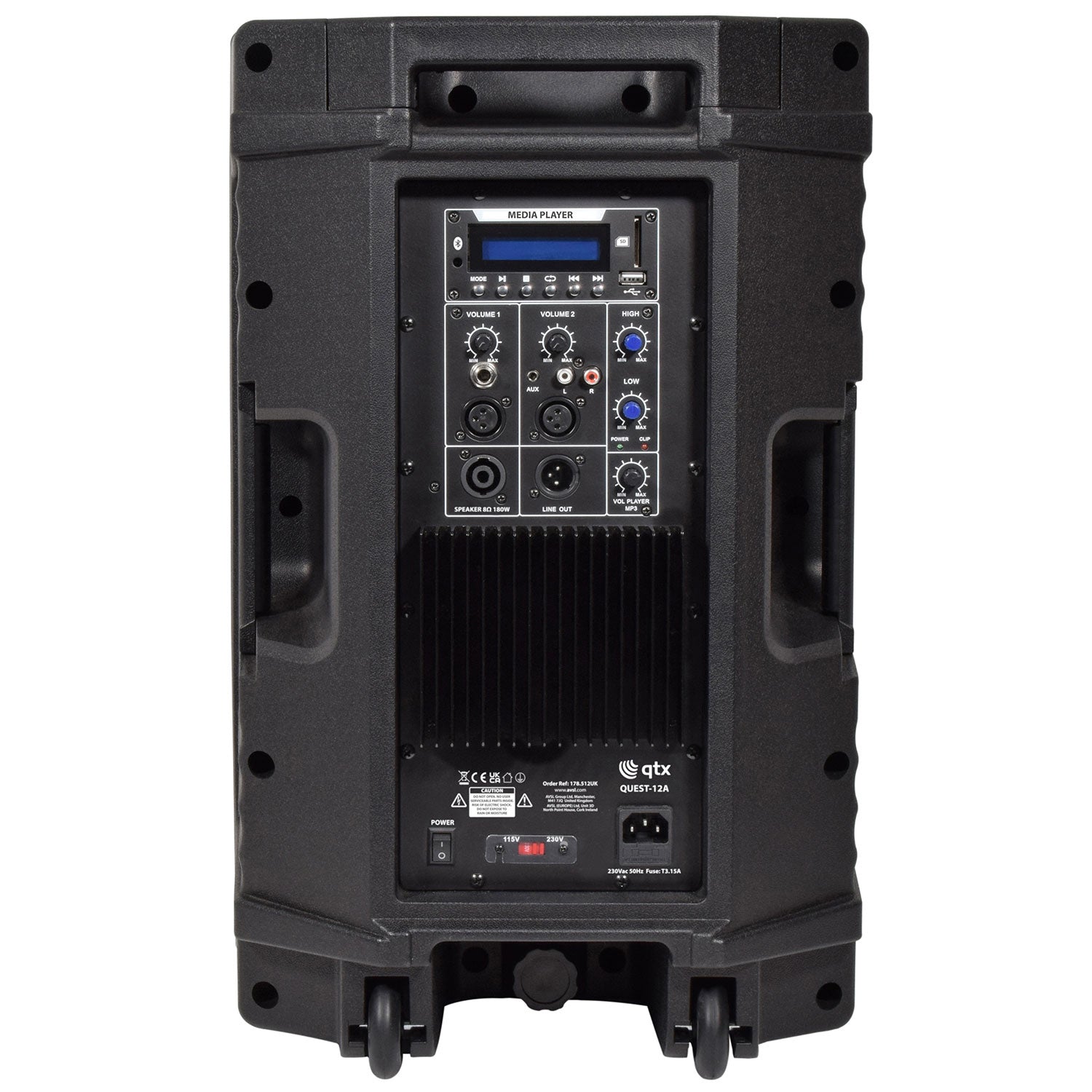 QTX Quest 12MSS Active PA Speaker Pair Bundle | 1440W with Stands, 4-Channel Mixer & XLR Cables