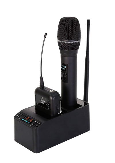 Professional rechargable digital UHF wireless microphone system with smart docking station.