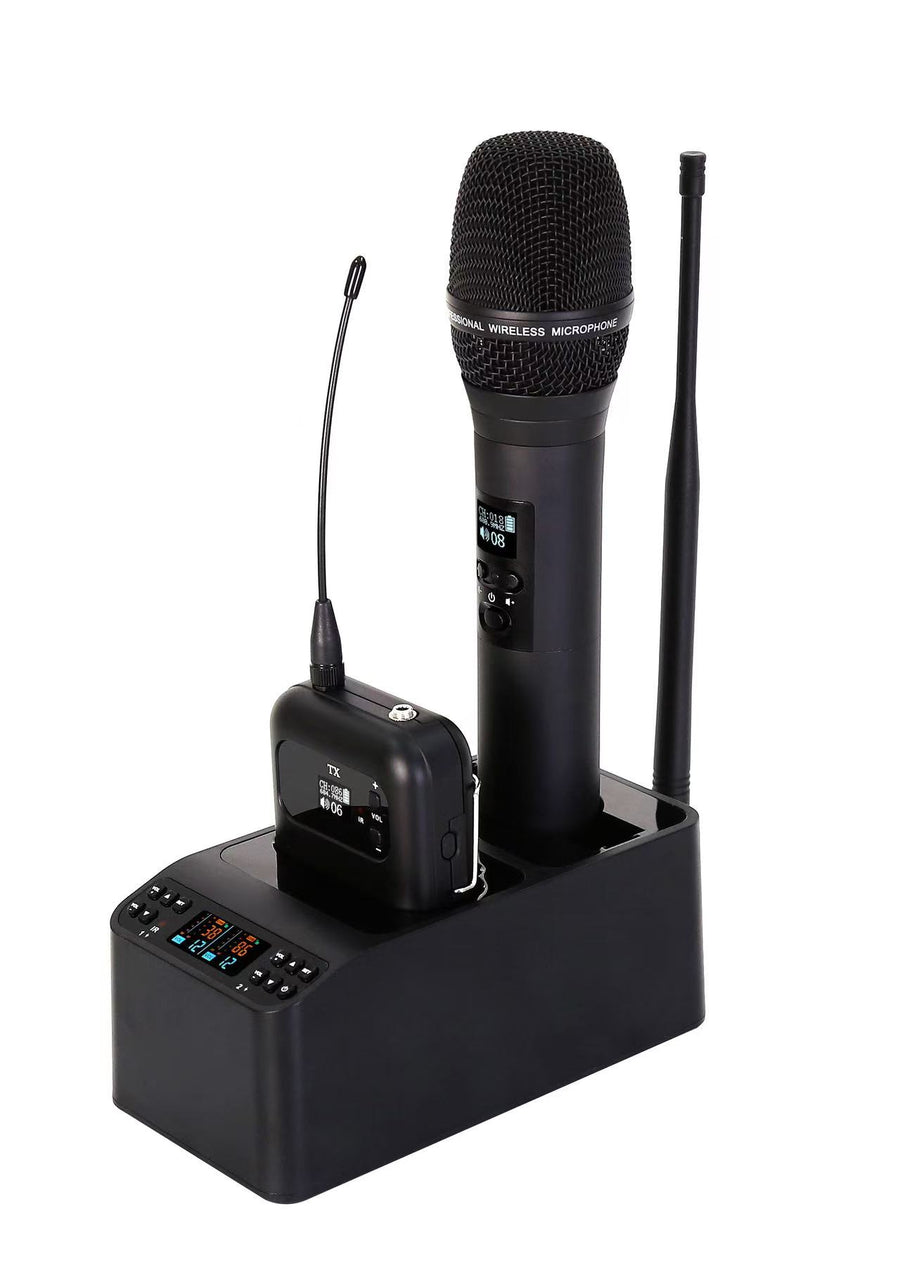 Professional rechargable digital UHF wireless microphone system with smart docking station.