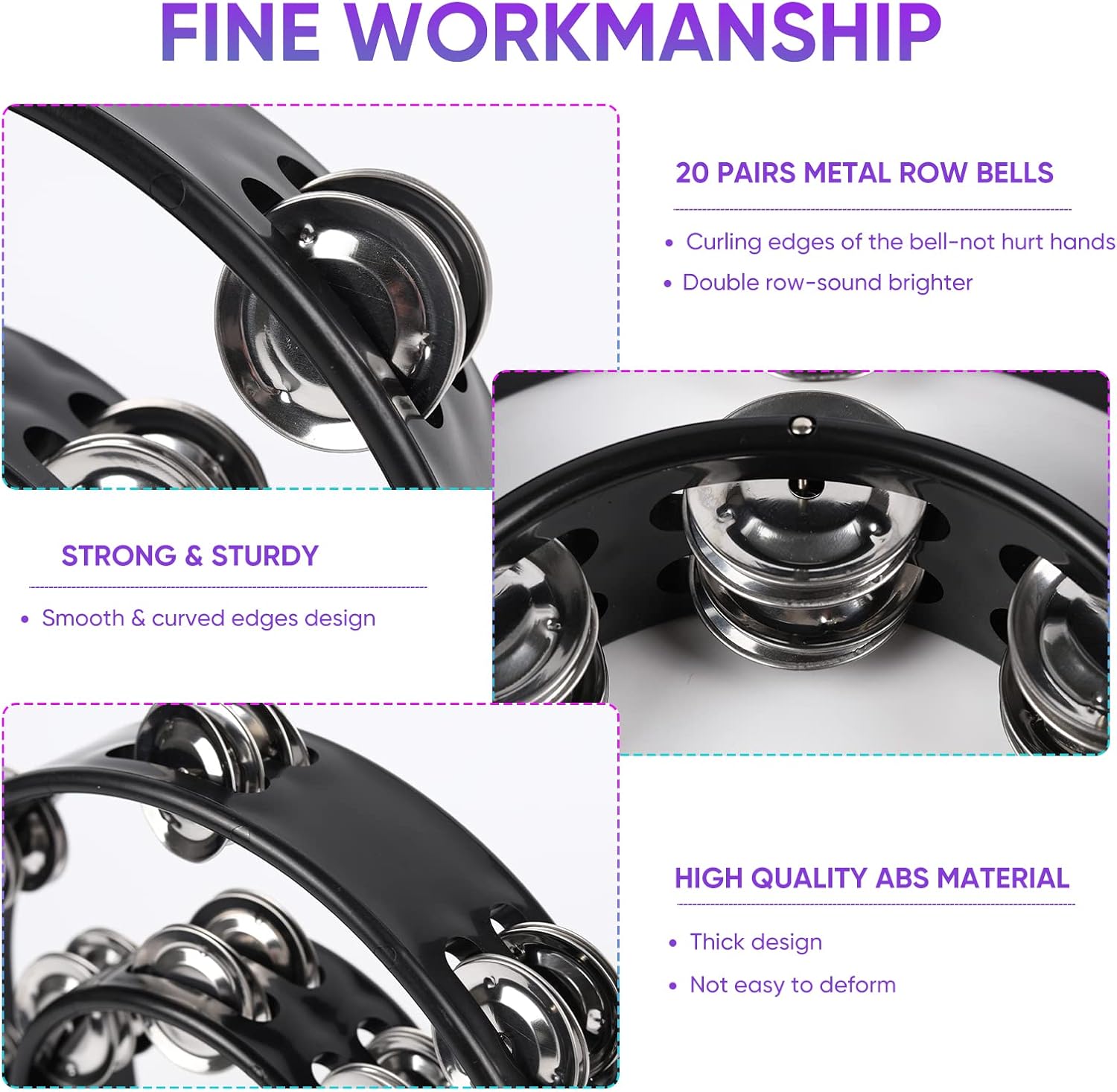 Large Tambourine 40 Bell Double Moon Black Or White Heavy Duty