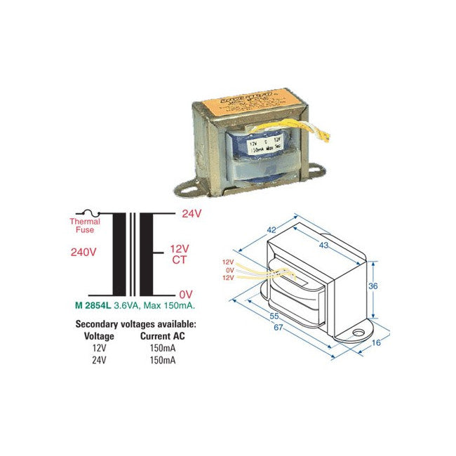 M2854C - 24V 150MA MAINS TRANSFORMER - 3.6VA CT - CENTRE TAPPED - POWERTRAN