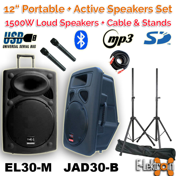 2x12" Inch 1500w Bluetooth Portable+active Loud Speaker Set Sound System with 2 Microphones and Stands