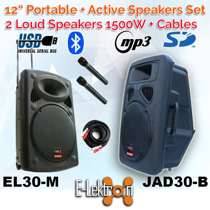 2x12" Inch 1500w Bluetooth Portable+active Loud Speaker Set Sound System with 2 Microphones and Stands