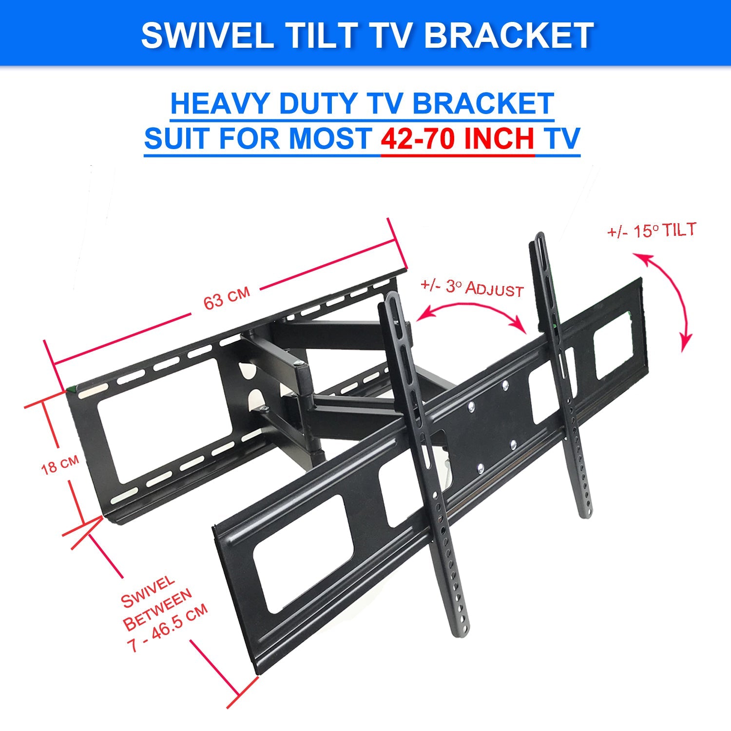 Full Motion Articulating Swivel Tilt Lcd Led Flat TV Wall Mount Bracket for 42"-70" Tvs Easy to Install 70kg Capacity