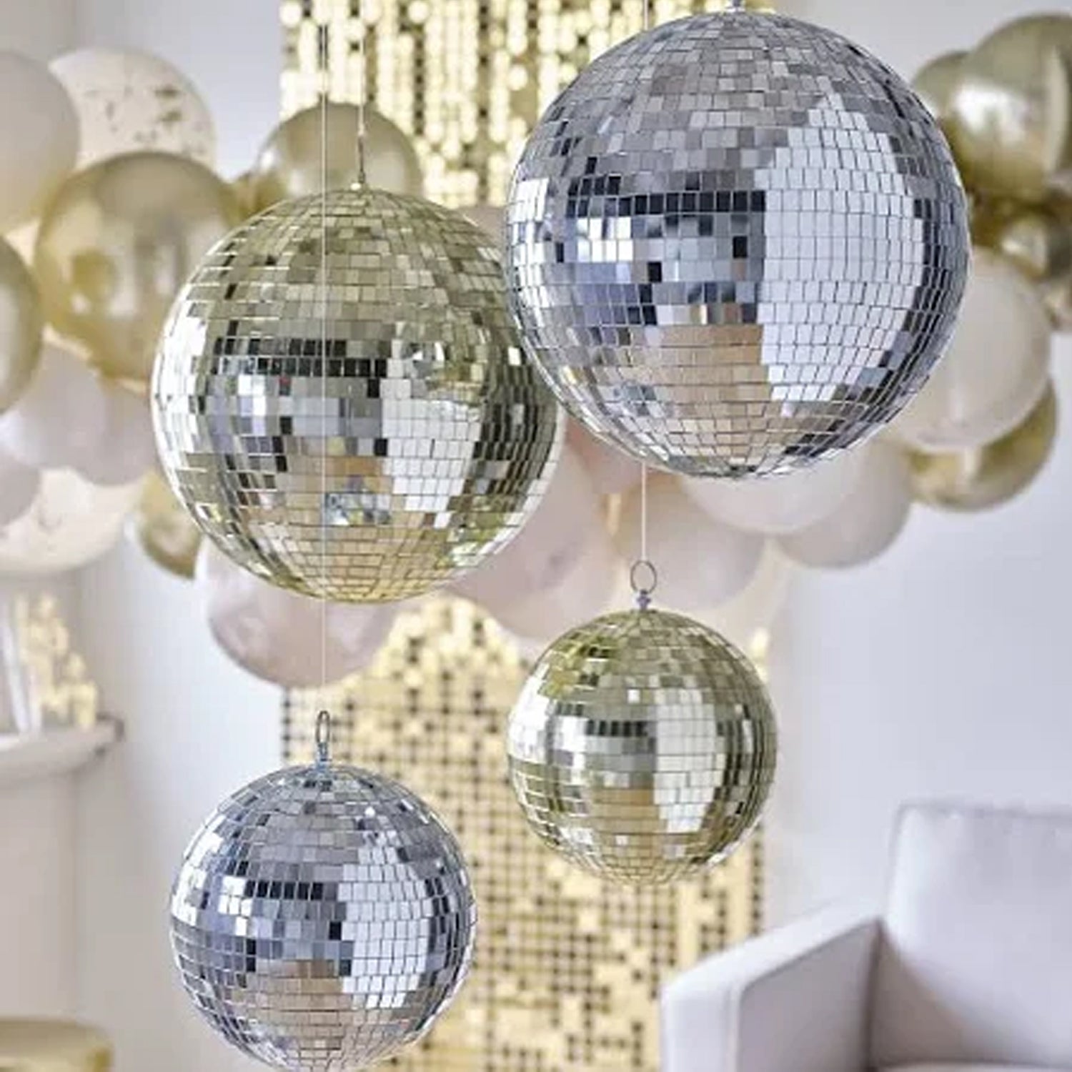 2 Pack 12 inch Mirror Disco Balls (1 Gold + 1 Silver) Reflective Hanging Decoration for Parties Events Weddings & Home Decor