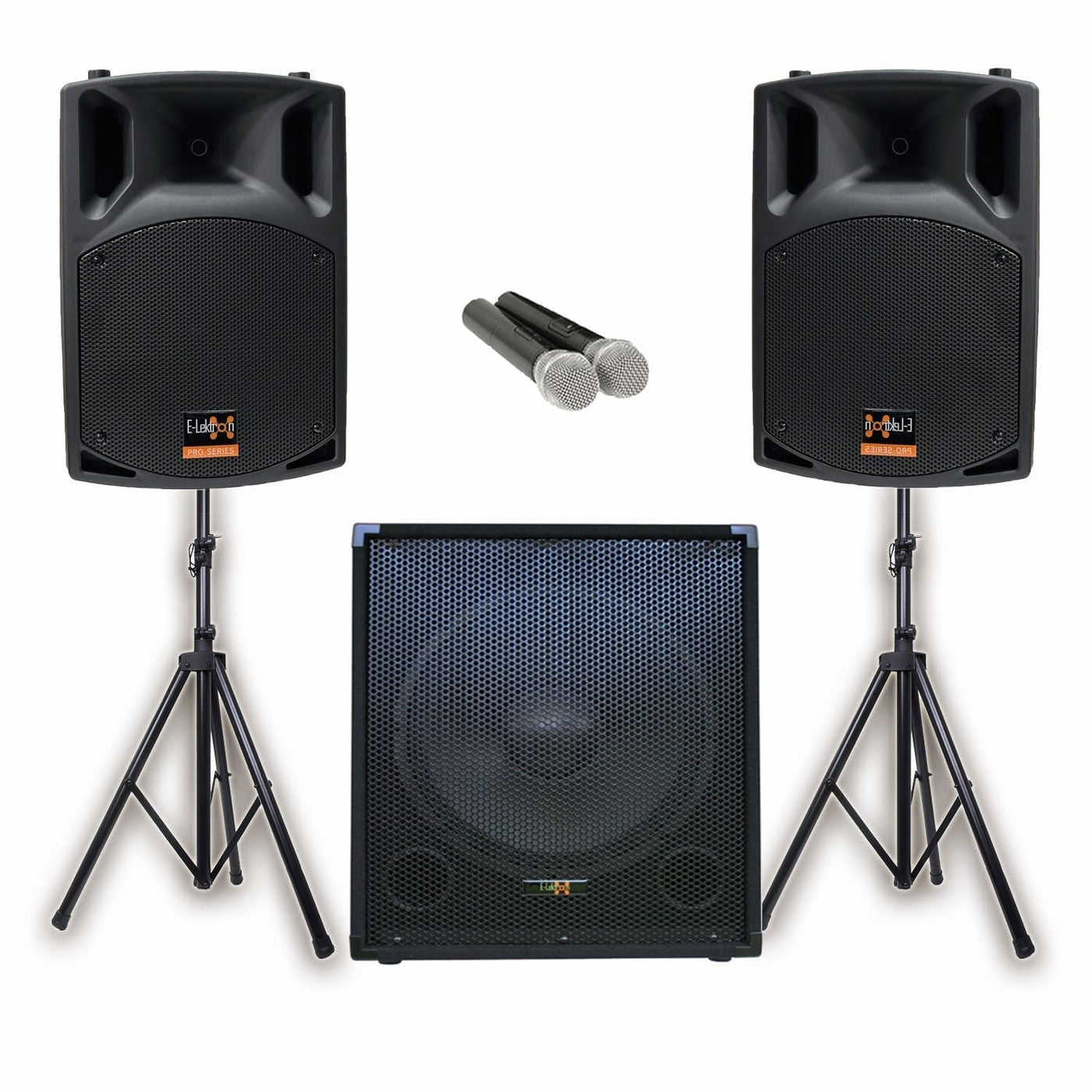 PA System Package with 1x 18" Subwoofer 2x 15" Portable Speaker UHF Mics and Stands