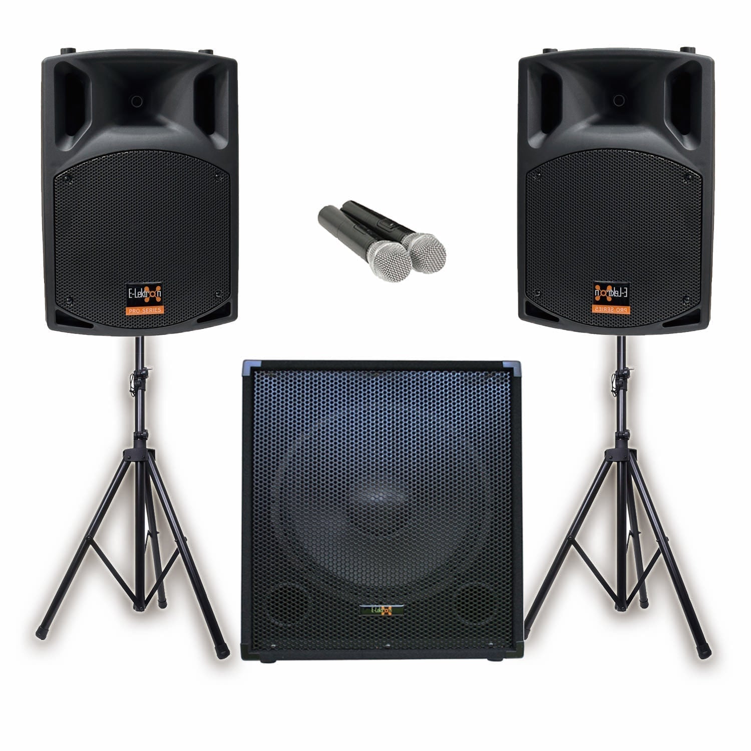 PA System Package with 1x 18" Subwoofer 2x 15" Portable Speaker UHF Mics and Stands