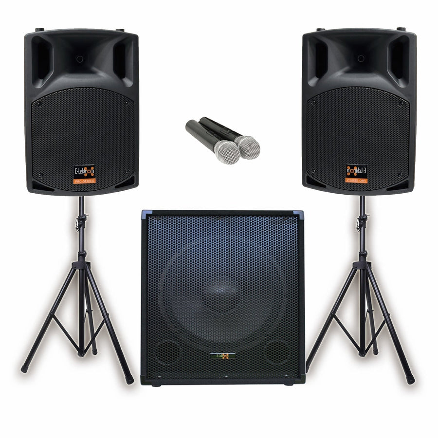 PA System Package with 1x 18" Subwoofer 2x 15" Portable Speaker UHF Mics and Stands