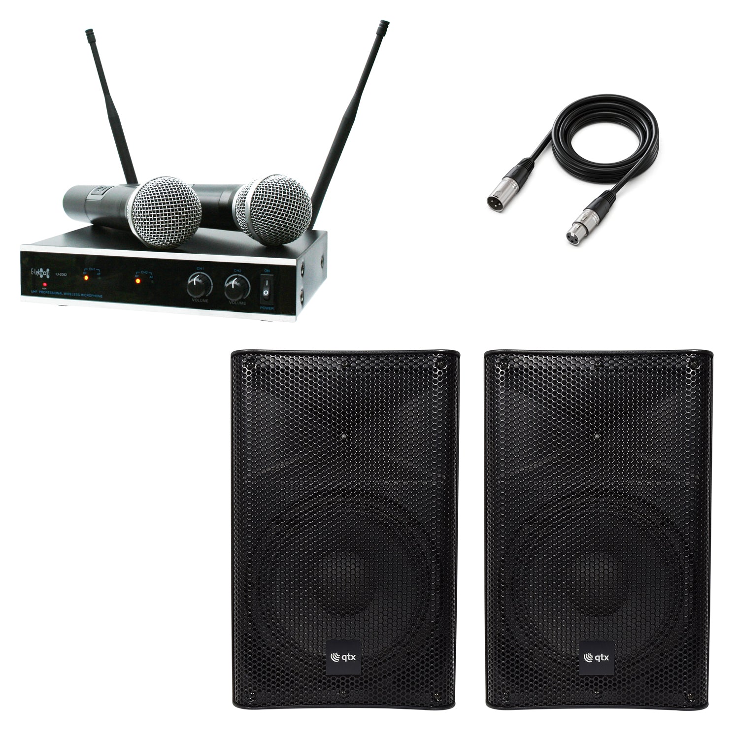 QTX Quest-10SM 10" Active PA Speaker Pair & Dual UHF Microphone Set | 1200W