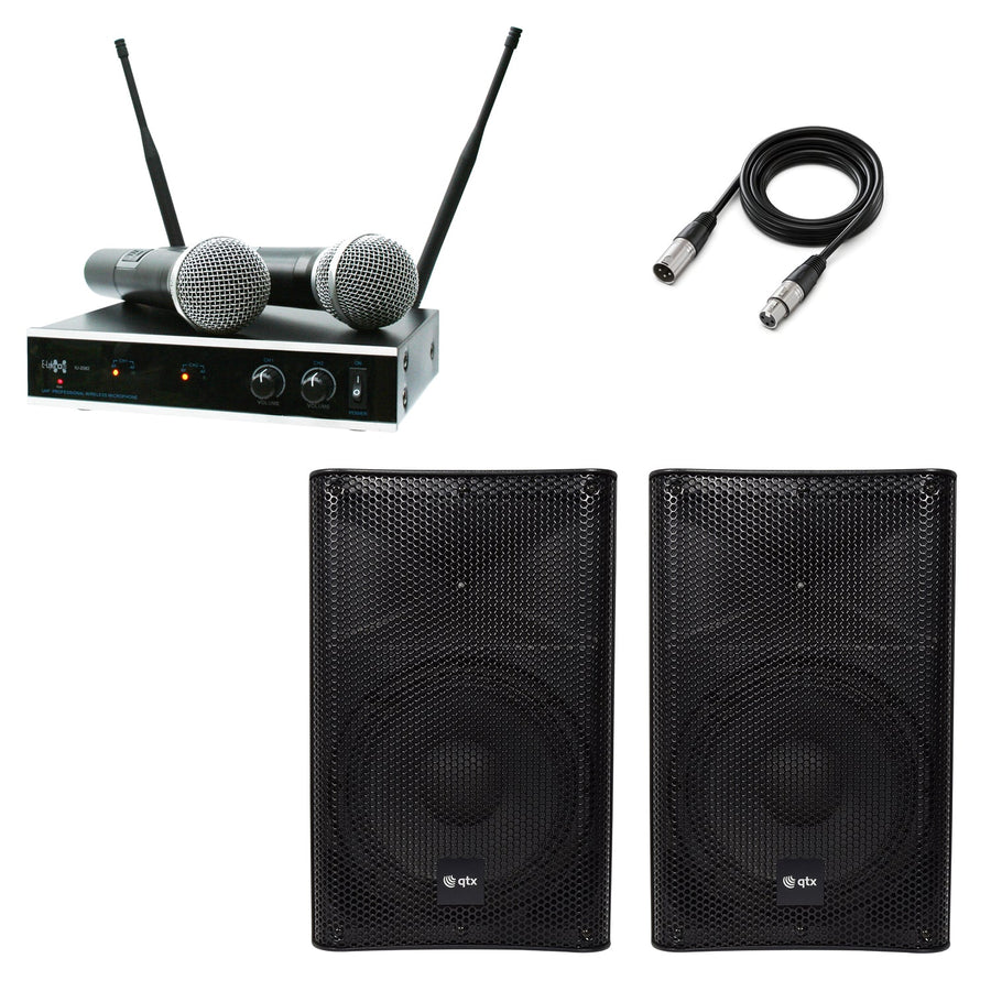QTX Quest-12SM 12" Active PA Speaker Pair & Dual UHF Microphone Set | 1440W