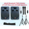 2x15" Inch Karaoke Set 1800w Powered Bluetooth TWS Speakers + 2 Tuneable UHF Wireless Microphones + Stands