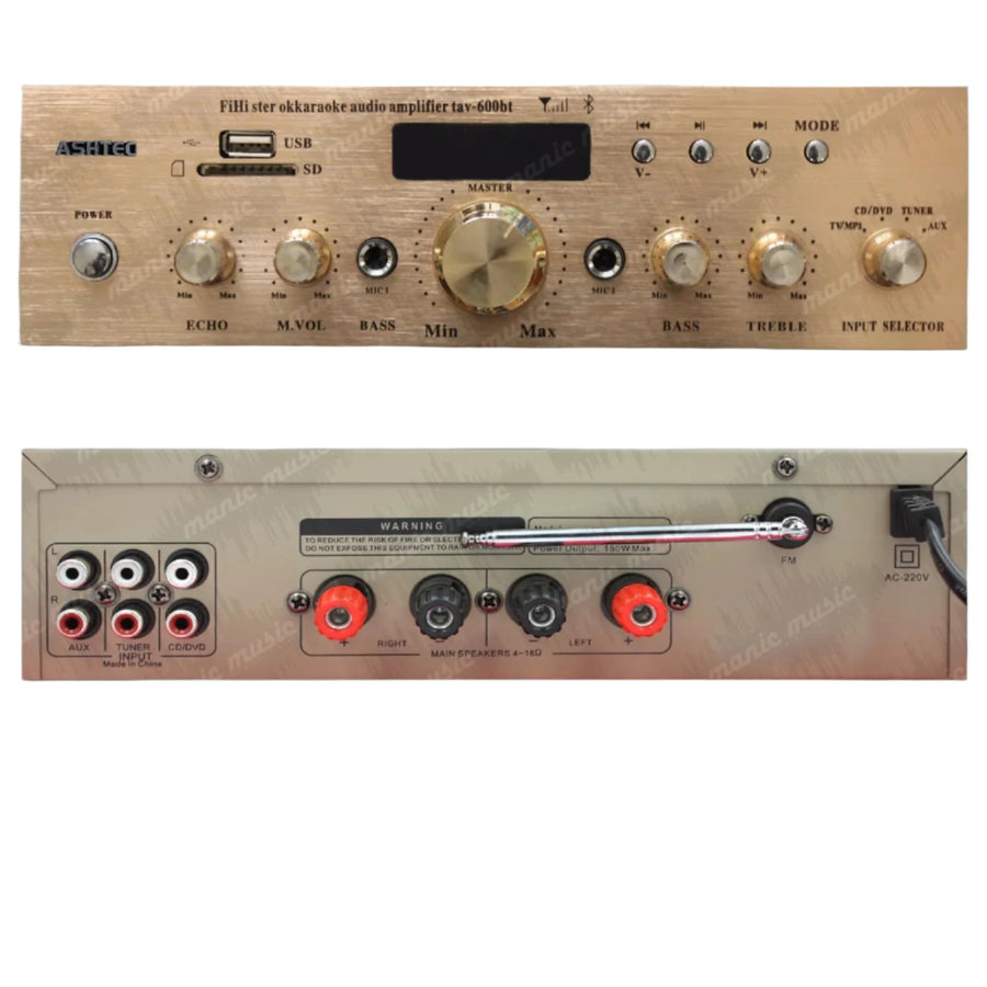 ASHTEC Bluetooth Karaoke 600w Mixer Amplifier Receiver FM Radio MP3 2x Mic Inputs