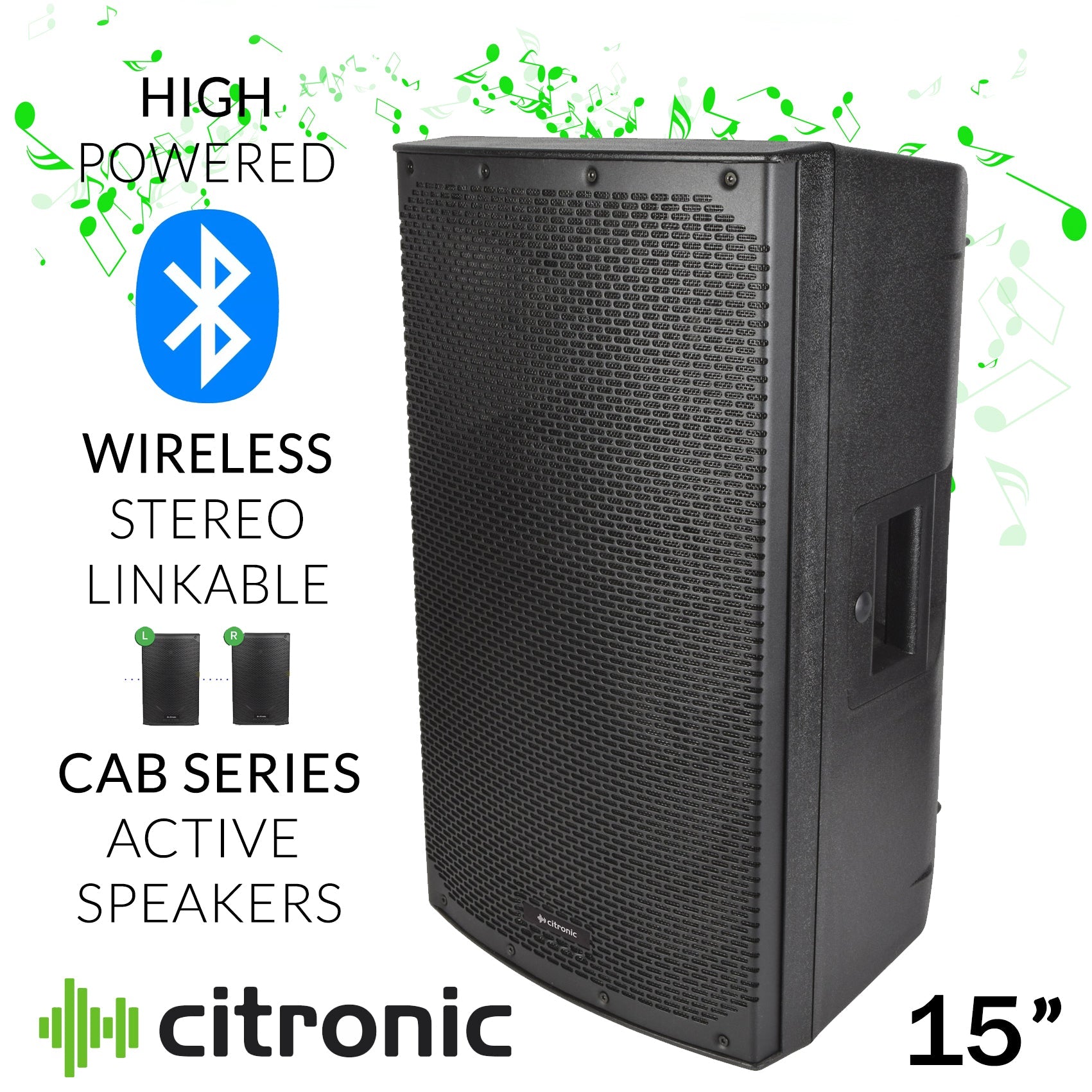 Citronic 15L Pack 15" Inch Bluetooth Stereo Linkable PA Powerful Loud Active Digital AMP Mixer Speakers With Stands