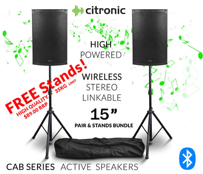 Citronic 15L Pack 15" Inch Bluetooth Stereo Linkable PA Powerful Loud Active Digital AMP Mixer Speakers With Stands