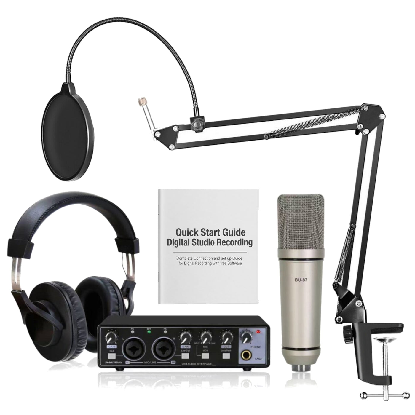 Digital Studio Recording Audio Interface Kit includes Setup Guide for recording with Free Software