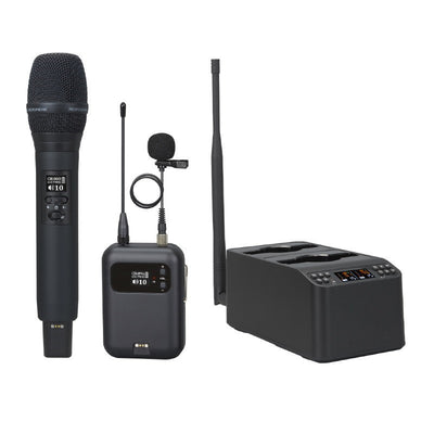Professional rechargable digital UHF wireless microphone system with smart docking station.