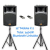 1400w 2x12" Inch Bluetooth Wireless Linkable Portable PA Speakers Sound System Recording + 4 Uhf Mics + Stands