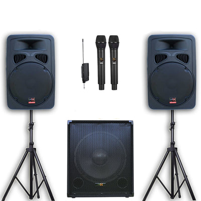 2200w Bluetooth Vocal Sound System - 2x 12" Speakers + 1x 15" Active Subwoofer + 2x Wireless Microphones + Stands