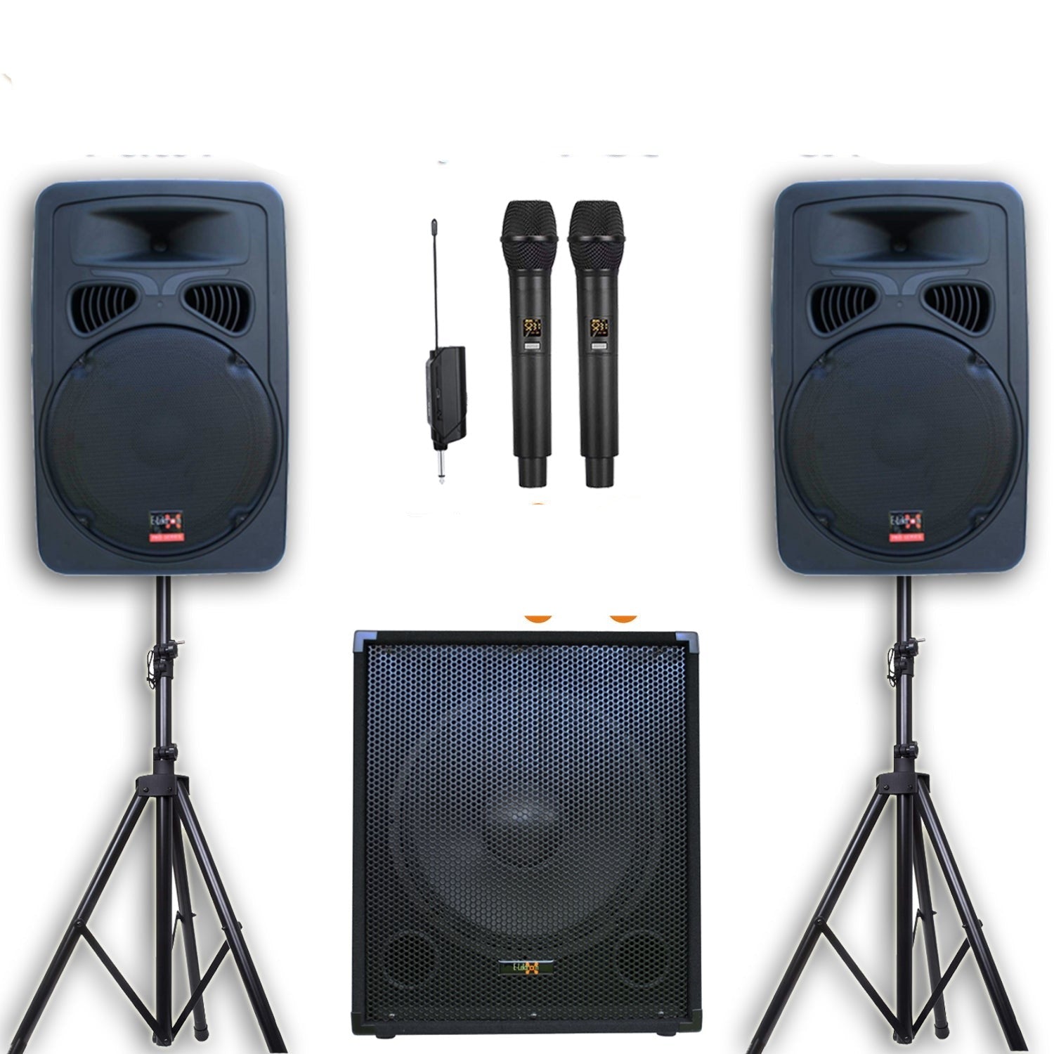 2400w Bluetooth Vocal Sound System - 2x 15" Active Speakers + 1x 15" Active Subwoofer + Wireless Mics + Stands