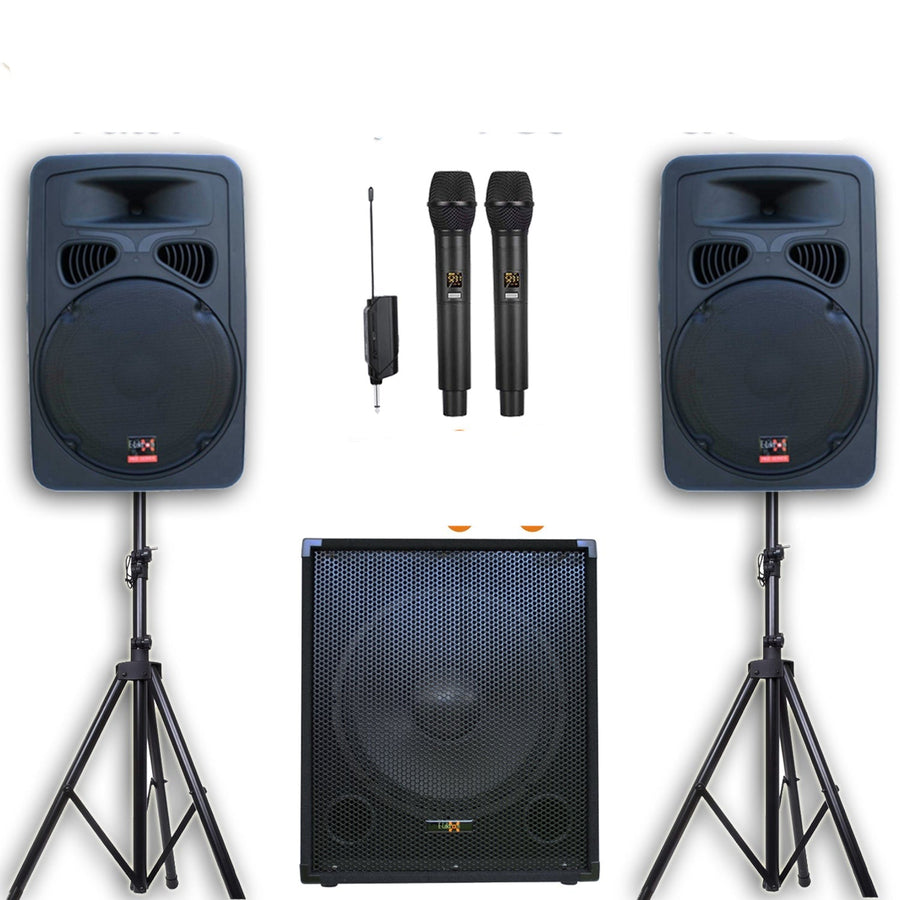 2400w Bluetooth Vocal Sound System - 2x 15" Active Speakers + 1x 15" Active Subwoofer + Wireless Mics + Stands