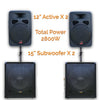 2800w Pro Audio Set with 2x12" Inch Active Speakers + 2x15" Subwoofer and Stand for Event DJ Party Disco Night