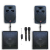 2600w Speaker Sound System - 2x 12" Active PA Speakers + 2x 15" Active Subwoofers + UHF Wireless Mics + Poles