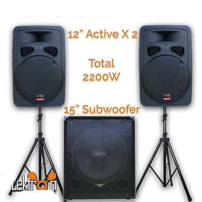 2200w Bluetooth Sound System with 2x12" Inch Active Speakers + 15" Active Subwoofer + Stands