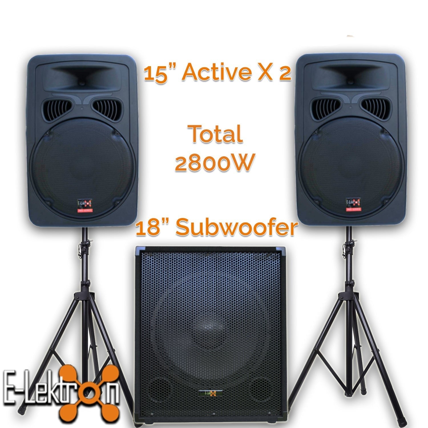2800w Bluetooth Sound System with 2x15" Inch Active Speakers + 18" Active Subwoofer + Stands + UHF Wireless Mics