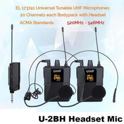 E-Lektron U-2BH Dynamic UHF 20 Channels Tunable Universal 2 Wireless bodyback Headset Microphone With Mini Plug Receiver