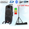 Dual 10" Inch Portable Speaker Set 600w Mobile PA Sound System Battery Bluetooth + 2 UHF Microphone + Stand
