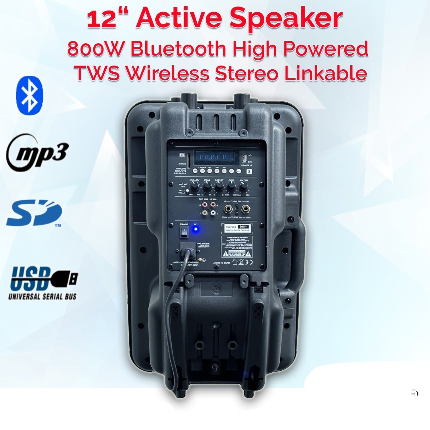 12" Inch Bluetooth PA Speaker 800w Active Digital Sound System + 2 Tuneable UHF Wireless Microphones 40 Channels