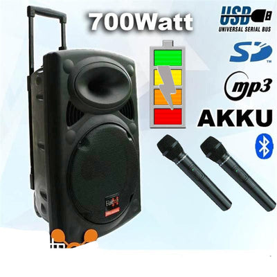 12″ Inch Bluetooth Portable Speaker 700w PA Sound System Battery + 2 Wireless Microphones