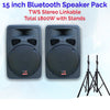 2x15" Inch Karaoke Set 1800w Powered Bluetooth TWS Speakers + 2 Tuneable UHF Wireless Microphones + Stands