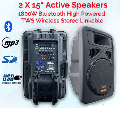 2x15" Inch Karaoke Set 1800w Powered Bluetooth TWS Speakers + 2 Tuneable UHF Wireless Microphones + Stands