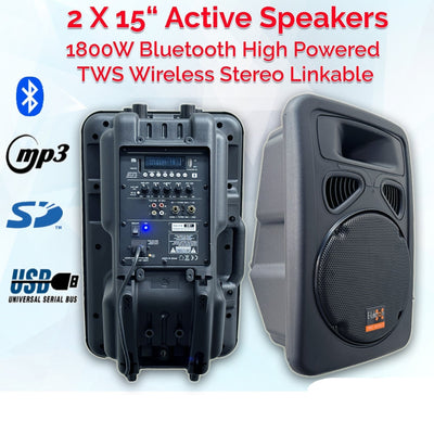3000w Vocal Sound System - 2x 15" Active PA Speakers + 2x 15" Active Subwoofers  + 2x Wireless UHF Mics + Poles