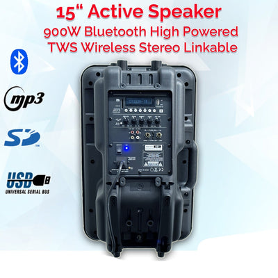 2x 15" Inch 1800w Bluetooth Portable Sound System + Active Speaker Battery Operate USB Record 2 Microphones