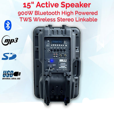 2400w Bluetooth Vocal Sound System - 2x 15" Active Speakers + 1x 15" Active Subwoofer + Wireless Mics + Stands