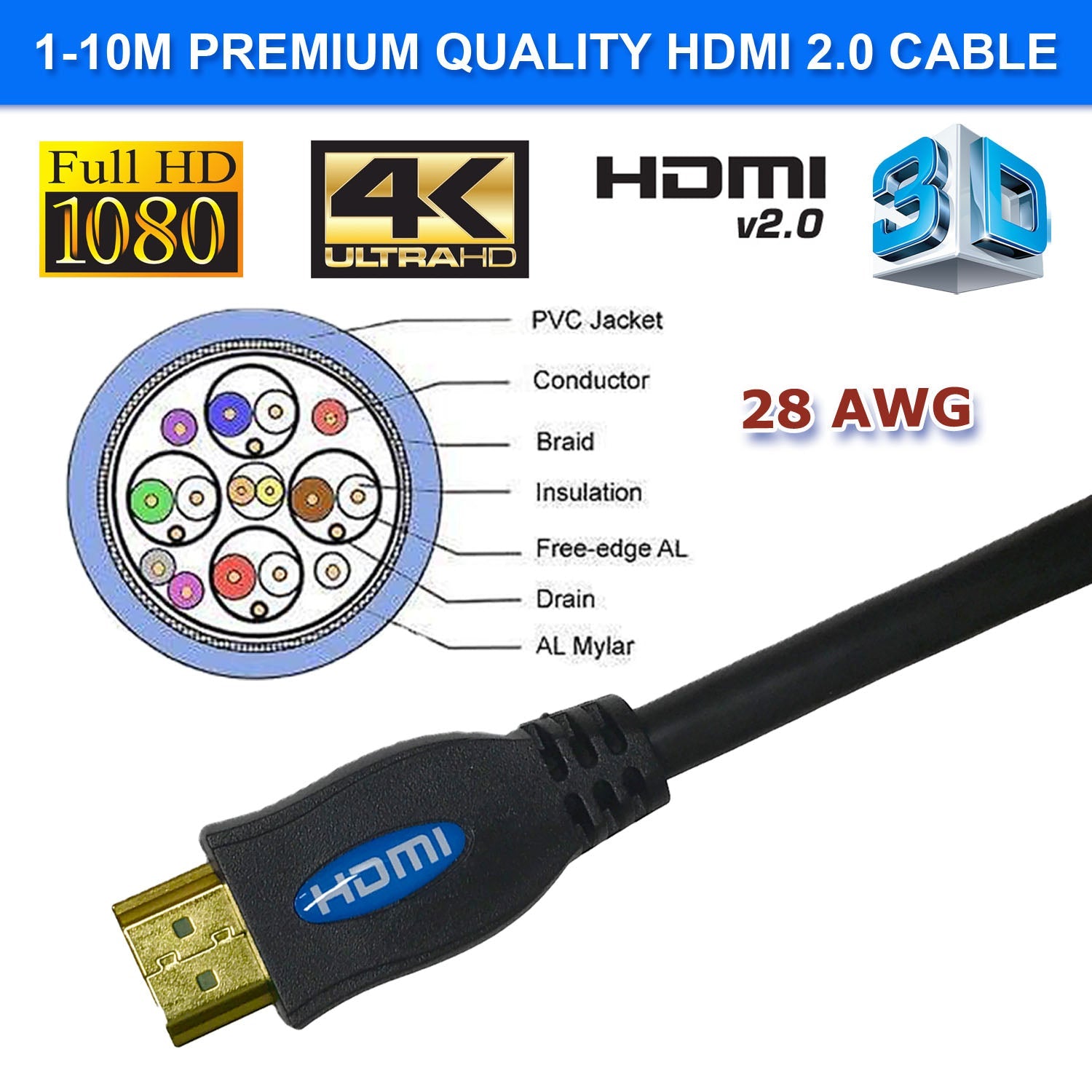 Hdmi 2.0 High Speed Cable 3m Gold Plated Connectors Ethernet Arc Hd 1080p 3d Cinema Plus 28awg 4k 60hz Hdcp