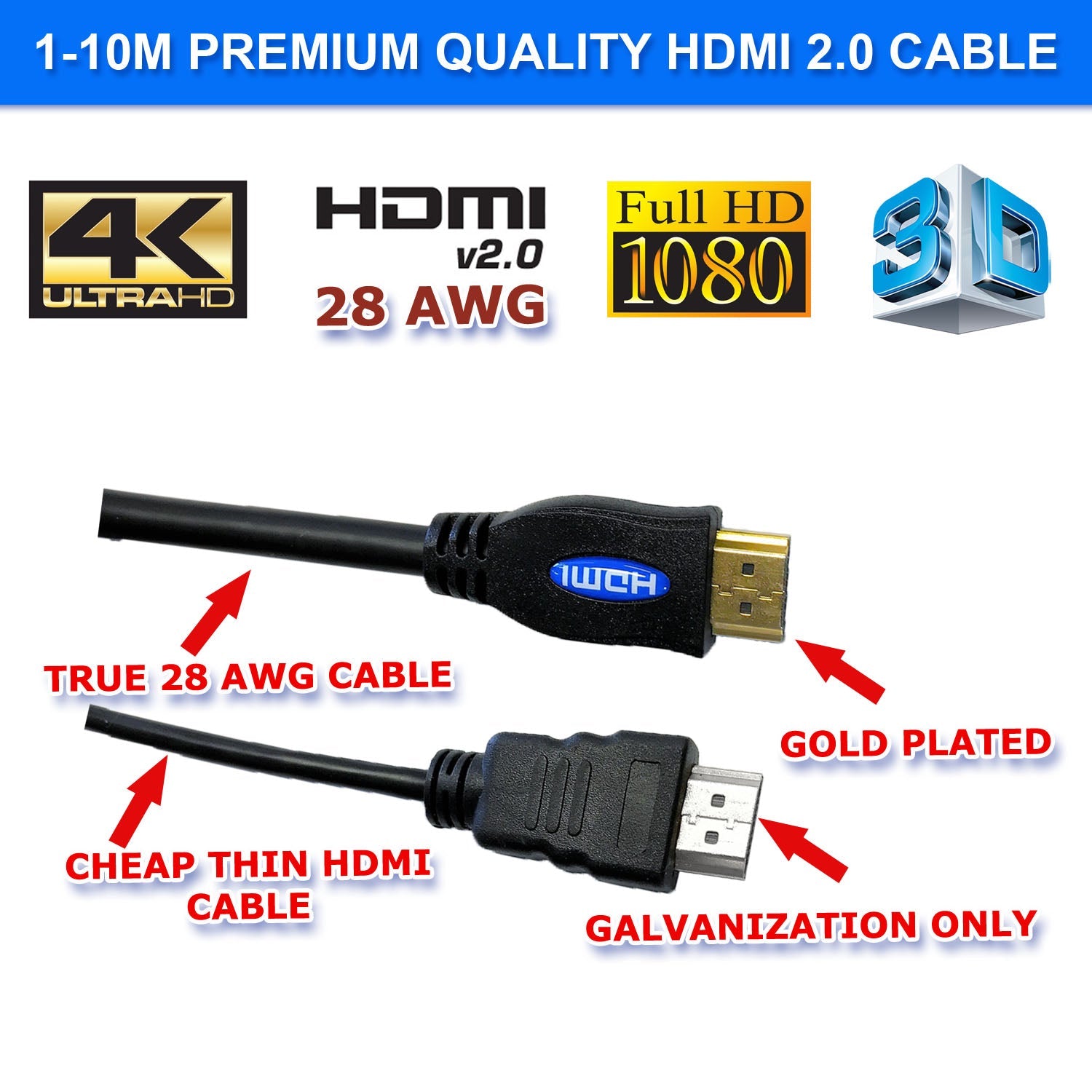 Hdmi 2.0 High Speed Cable 3m Gold Plated Connectors Ethernet Arc Hd 1080p 3d Cinema Plus 28awg 4k 60hz Hdcp