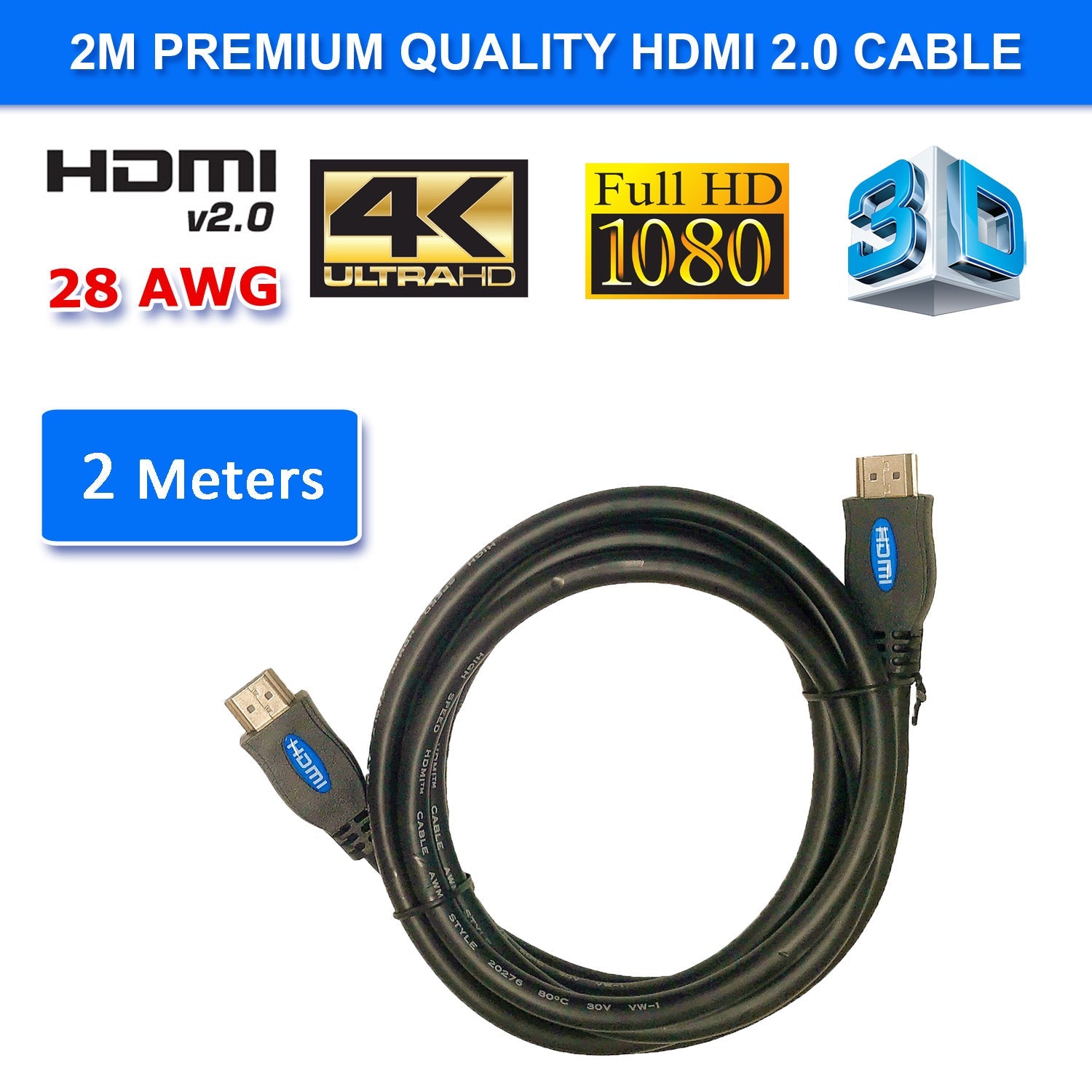 Hdmi 2.0 High Speed Cable 2m Gold Plated Connectors Ethernet Arc Hd 1080p 3d Cinema Plus 28awg 4k 60hz Hdcp