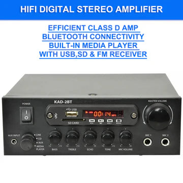 HiFi Digital Stereo Amplifier Bluetooth USB SD FM Class D 200W 2 x Mic