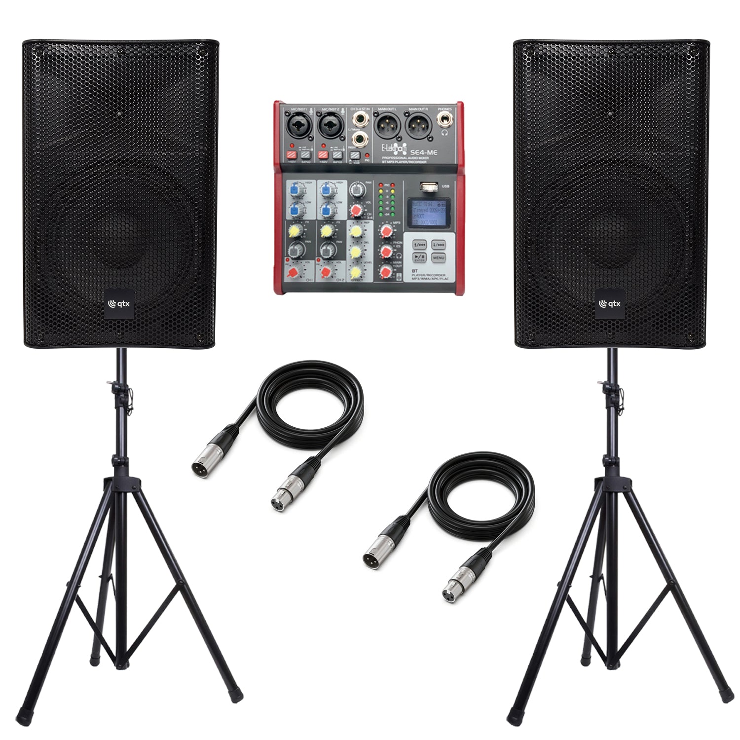 QTX Quest 12MSS Active PA Speaker Pair Bundle | 1440W with Stands, 4-Channel Mixer & XLR Cables
