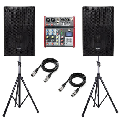 QTX Quest 10MSS Active PA Speaker Pair Bundle | 1200W with Stands, E-lektron 4-Channel Mixer & XLR Cables