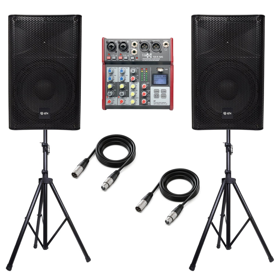 QTX Quest 15MSS Active PA Speaker Pair Bundle | 1760W with Stands, 4-Channel Mixer & XLR Cables