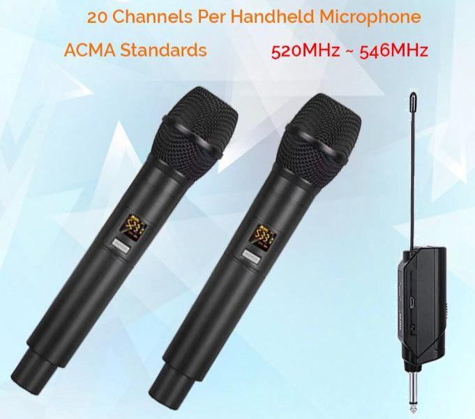 2 Wireless Handheld Microphone System Variable 20 UHF Channels  Rechargeable Mini Plug Receiver