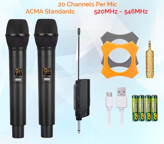 2 Wireless Handheld Microphone System Variable 20 UHF Channels  Rechargeable Mini Plug Receiver